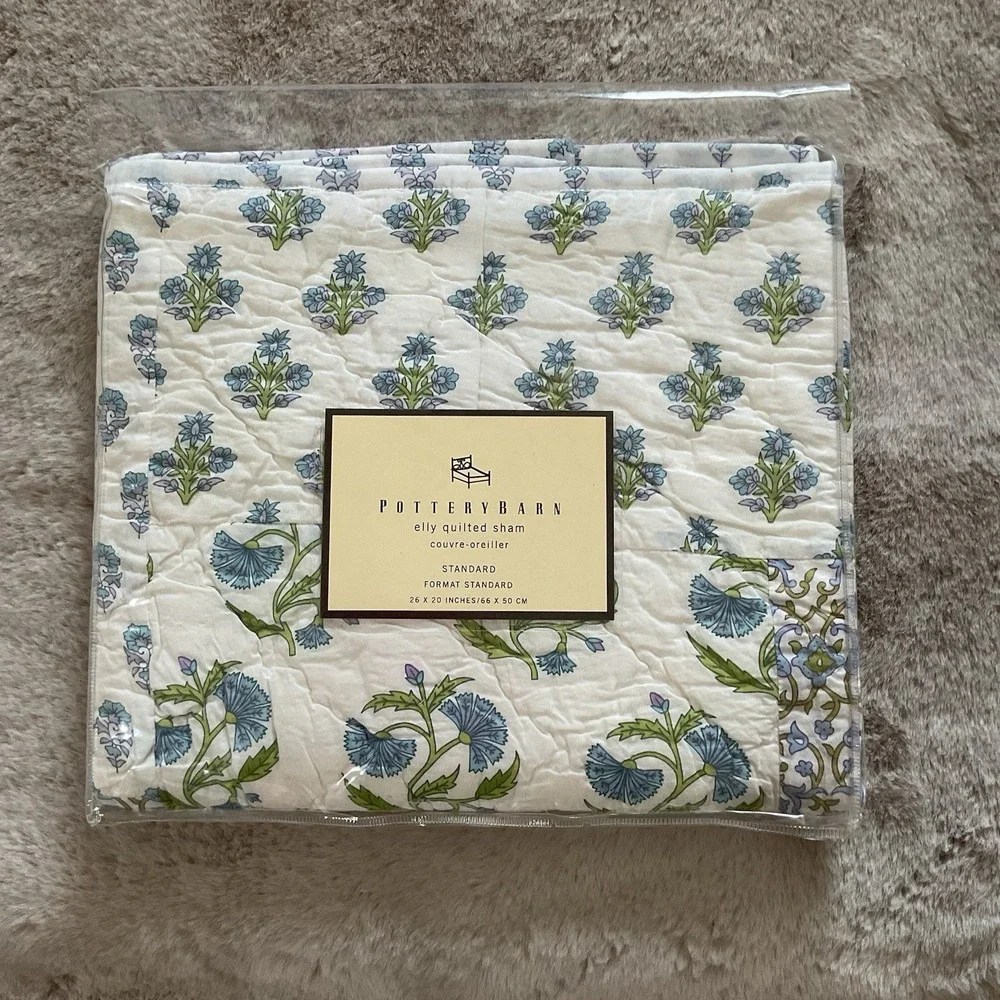 Pottery Barn ELLY Quilted Shams Set of 2 Standard 26x20 White Floral Cottagecore